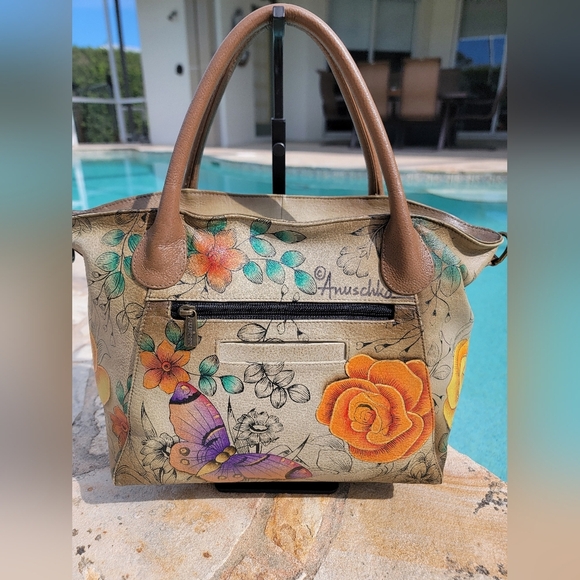 Anuschka Hand Painted Leather Satchel - Floral And Butterfly Design - Picture 5 of 16